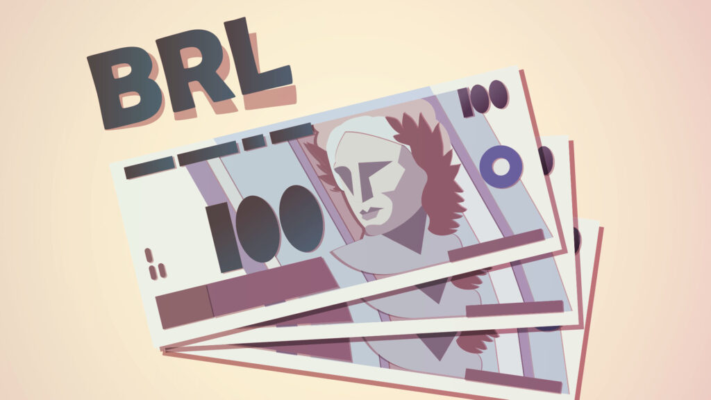 ilustração com 3 notas de 100 reais escrito BRL 