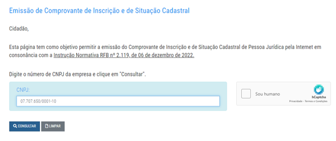 comprovante de inscrição e de Situação Cadastral