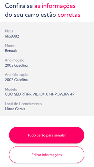 informações do carro para a simulação do empréstimo com garantia de carro